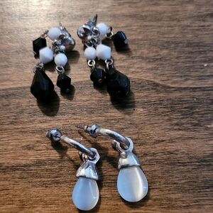 Ee Elegant Black and White Dangle Earrings And Opal Dangles On Silver Hoops Set